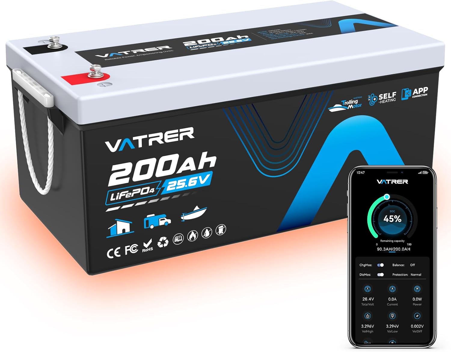 24V 200AH Self-Heating Trolling Motor LiFePO4 Lithium Battery, VATRER POWER Deep Cycle LiFePO4 Battery with 5120W Built-in 200A BMS for Trolling Motors, Marine, RV, Off-Grid Applications