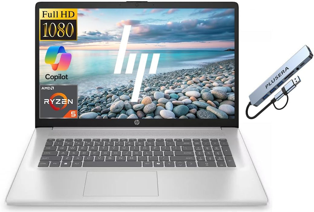 HP 17.3' FHD Business Laptop Computer, 16GB RAM 1TB SSD, 6-core AMD Ryzen 5 Processor, Windows 11 Laptop, Copilot AI Ready, Numeric Keypad, PLUSERA 8-in-1 Hub Included, Natural Silver