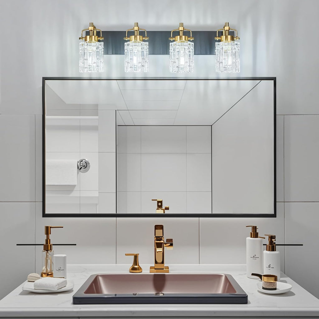 4 Light Crystal Glass Vanity Light, Black Gold Bathroom Lighting Fixtures Over Mirror Modern Bath Wall Sconce Lighting for Bedroom Living Room