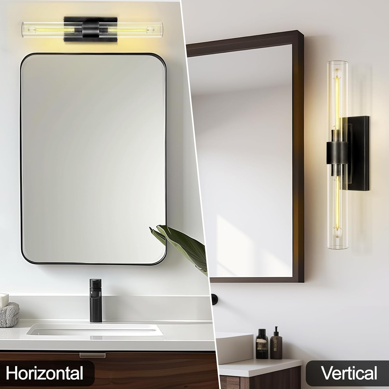 Bathroom Black Vanity Wall Sconces, 2-Light Glass Tube Wall Sconces, 24' Sconces Wall Lighting, Horizontal or Vertical Linear Vanity Light,Bathroom Vanity Light,E26 Bulb Included