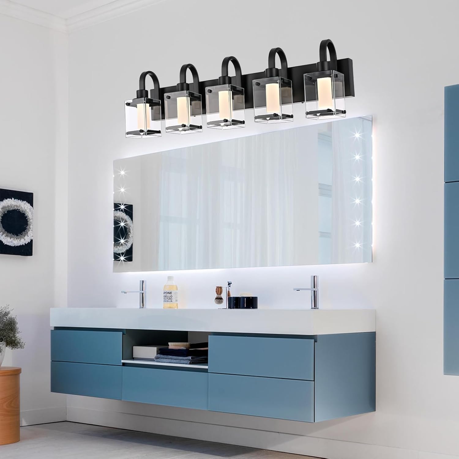 LED Modern Bathroom Vanity Lights, 5 Lights Black Bathroom Light Fixtures for Dressing Room, Integrated LED Chips, Frosted Column with Clear Square Glass Shade, Dimmable Wall Sconce