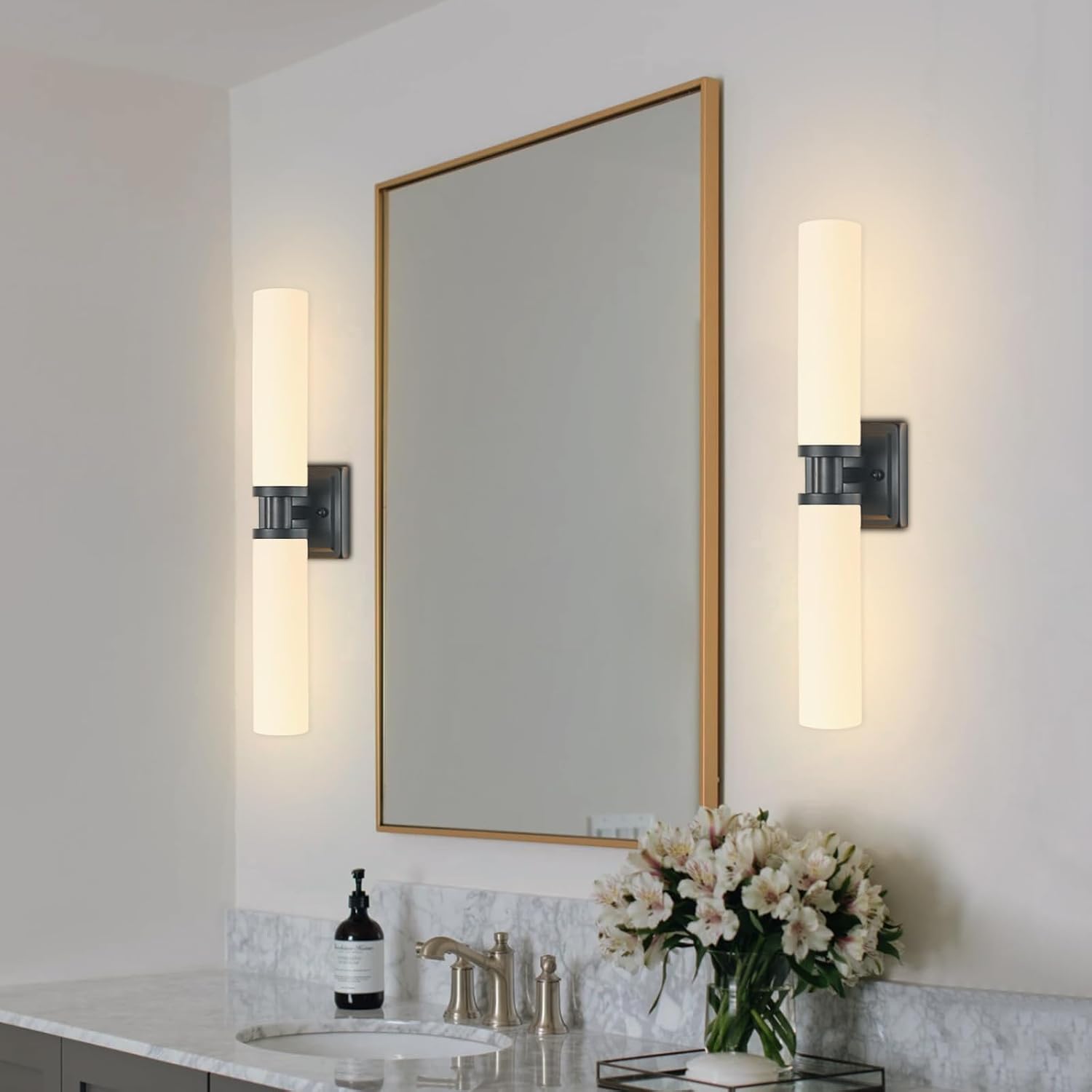 Black Wall Sconces Set of Two, 32 Inch Bathroom Sconces with Frosted Glass, Modern Sconces Wall Light Fixtures for Bathroom Mirror Living Room Bedroom Hallway (Bulbs Not Included)