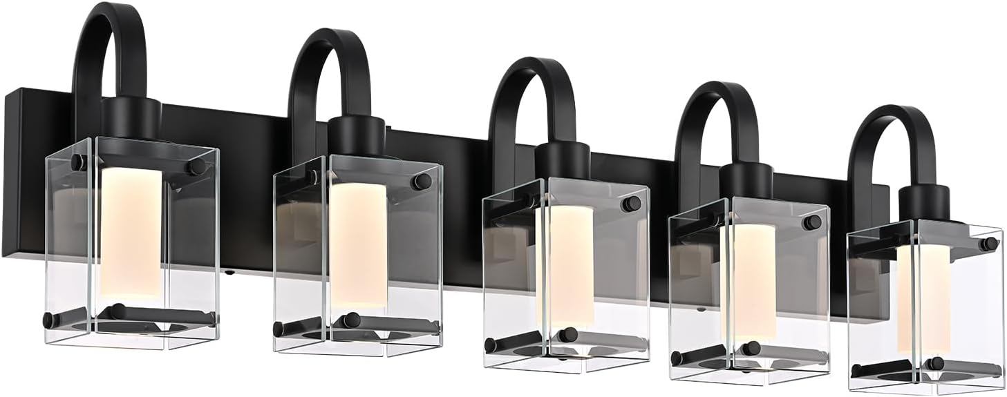 LED Modern Bathroom Vanity Lights, 5 Lights Black Bathroom Light Fixtures for Dressing Room, Integrated LED Chips, Frosted Column with Clear Square Glass Shade, Dimmable Wall Sconce