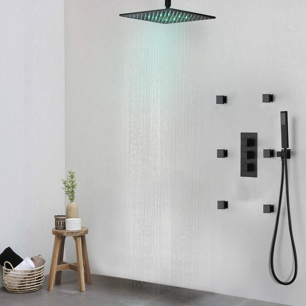 HOMEDEC Matte Black Thermostatic Ceiling Shower System with Body Jets, 12' Rainfall Shower Faucet Fixtures Set with Mixer Valve and Handheld Brass Shower Combo Kit for Modern Bathroom