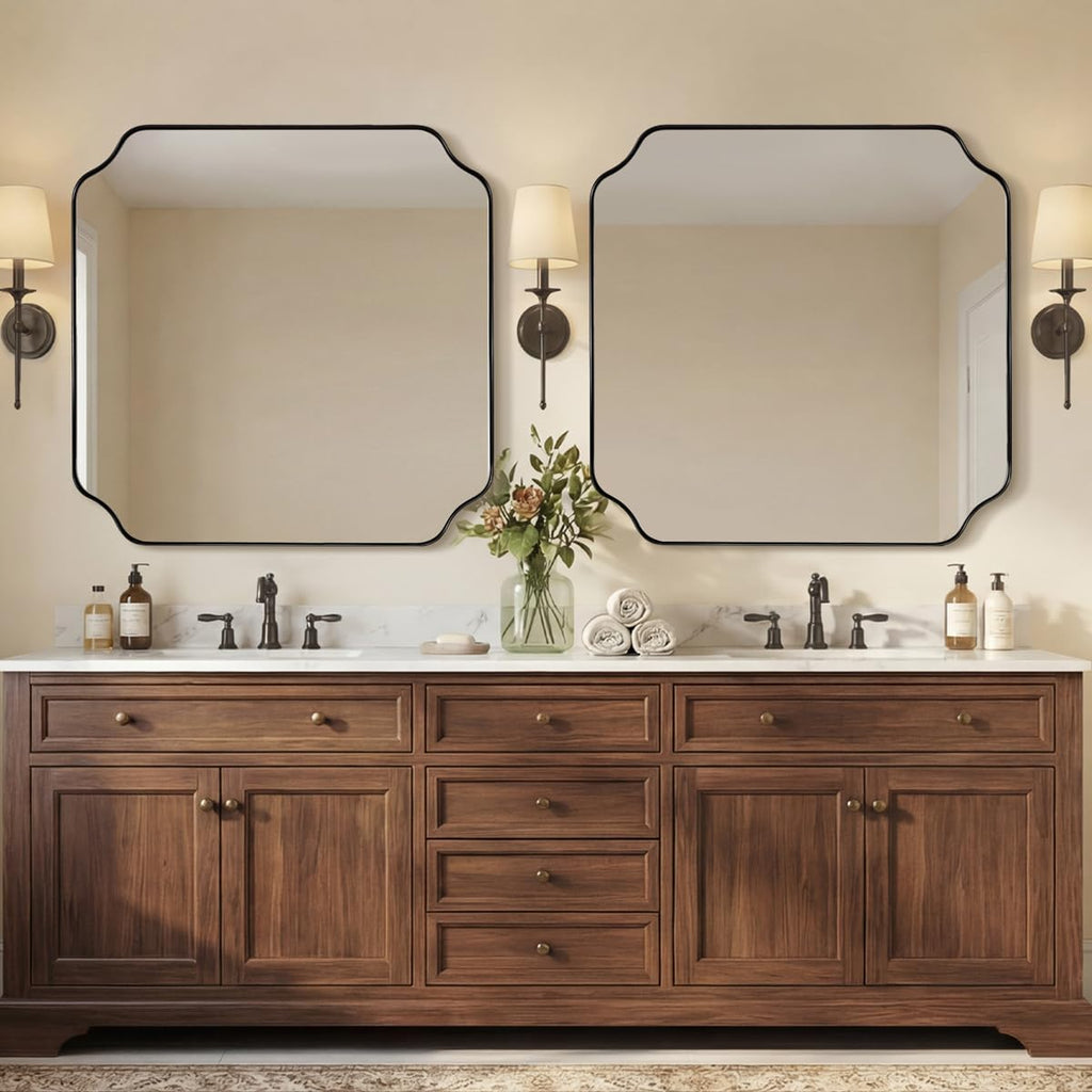ANDY STAR 30x30 Inch Square Mirror, Matte Black Vanity Mirror, Modern Scalloped Bathroom Mirror in Premium Stainless Steel Metal Thin Frame, Unique Rounded Notched Corners