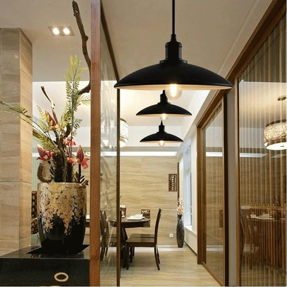 Retro Pendant Light, Black Metal Lamp Body + Frisbee Shape Wrought Iron Lampshade Hanging Lights, E27 Lighting Fixtures for Farmhouse, Dining Room, Bathroom