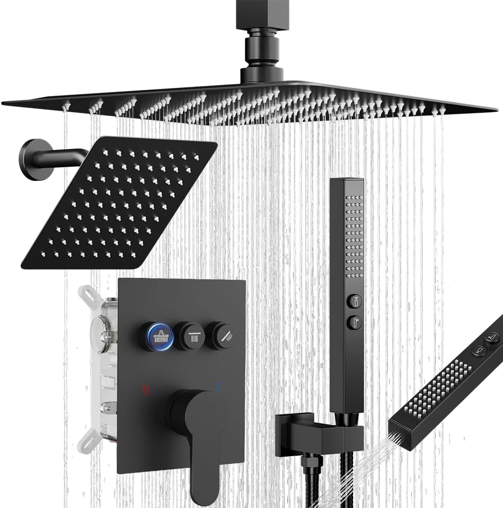 Shower Faucet Set Shower Systems, Push Button Diverter Shower Set for Two People,10'+6' Ceiling Mount Dual Rain Shower Heads with 2-in-1 Handheld Spray, Matte Black Shower Faucet Trim Kit