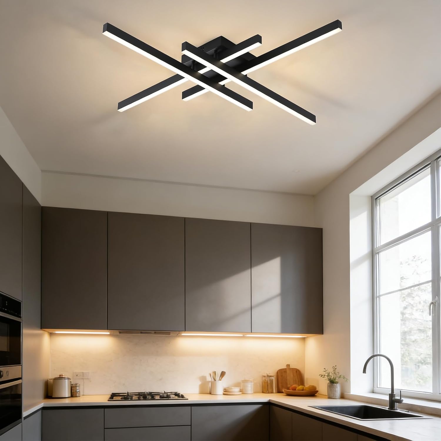 Semi Flush Mount Modern Light Fixture,35.4' Modern LED Ceiling Lights Fixture,for Hallway,Entrance,Cafe,Living Room,Bedroom,Corridor,Porch,Passage Light Fixtures (Black (4-Lights))