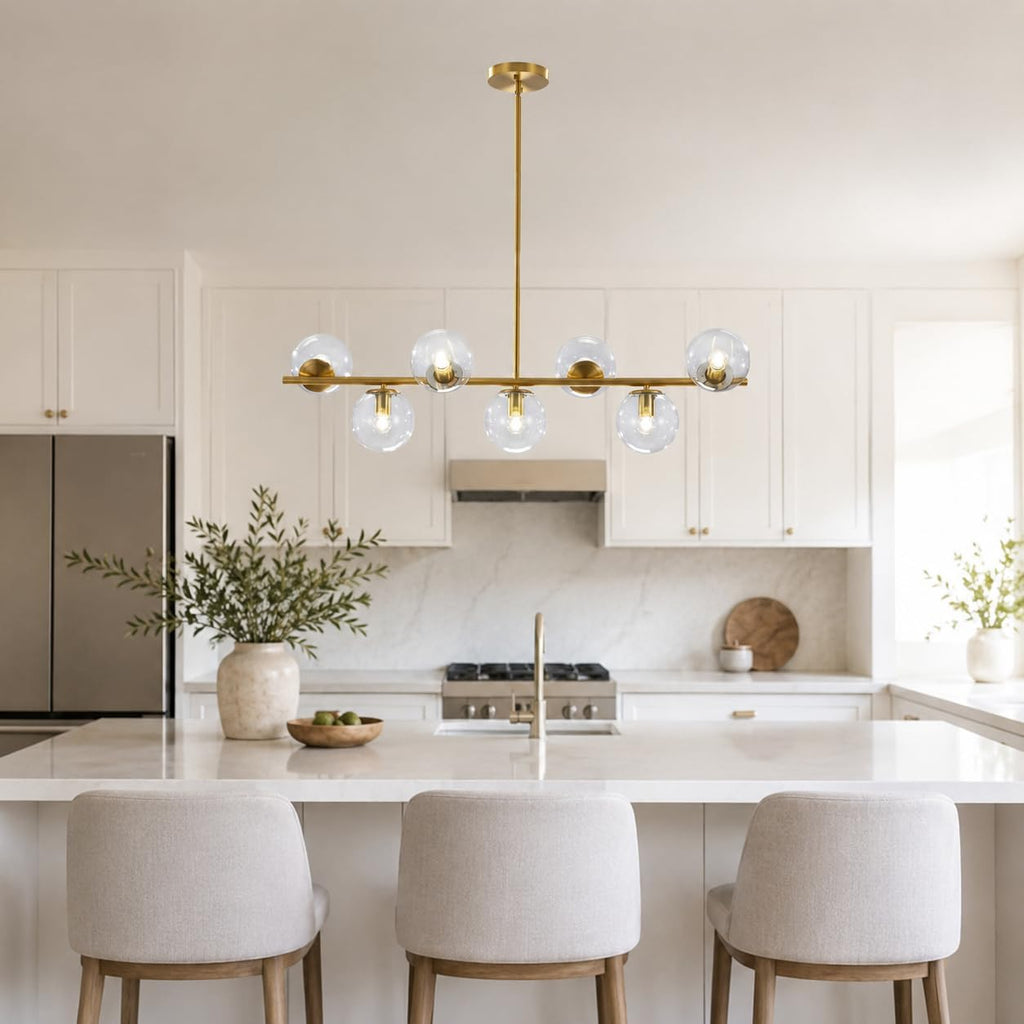 KCO Lighting 7-Light Clear Glass Globe Sputnik Chandelier Mid Century Modern Pendant Hanging Light Gold Brass for Kitchen Island Dining Living Room