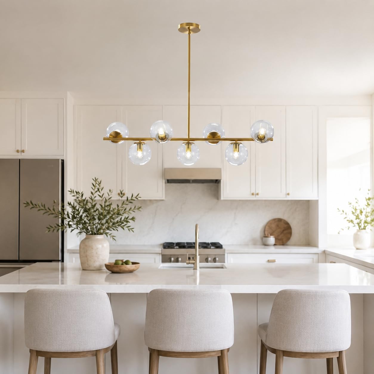 KCO Lighting 7-Light Clear Glass Globe Sputnik Chandelier Mid Century Modern Pendant Hanging Light Gold Brass for Kitchen Island Dining Living Room