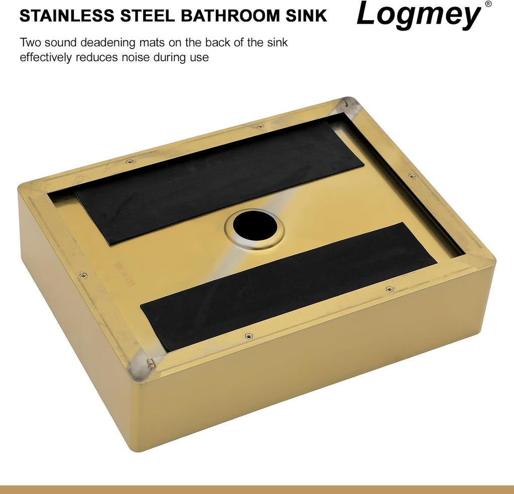 Logmey 16' Gold Shallow Bathroom Vessel Sink 16x12 Small Handmade 16 Gauge Stainless Steel Above Counter 4' Deep RV Bathroom Sink Rectangle Vessel Sinks with Pop up Drain Set