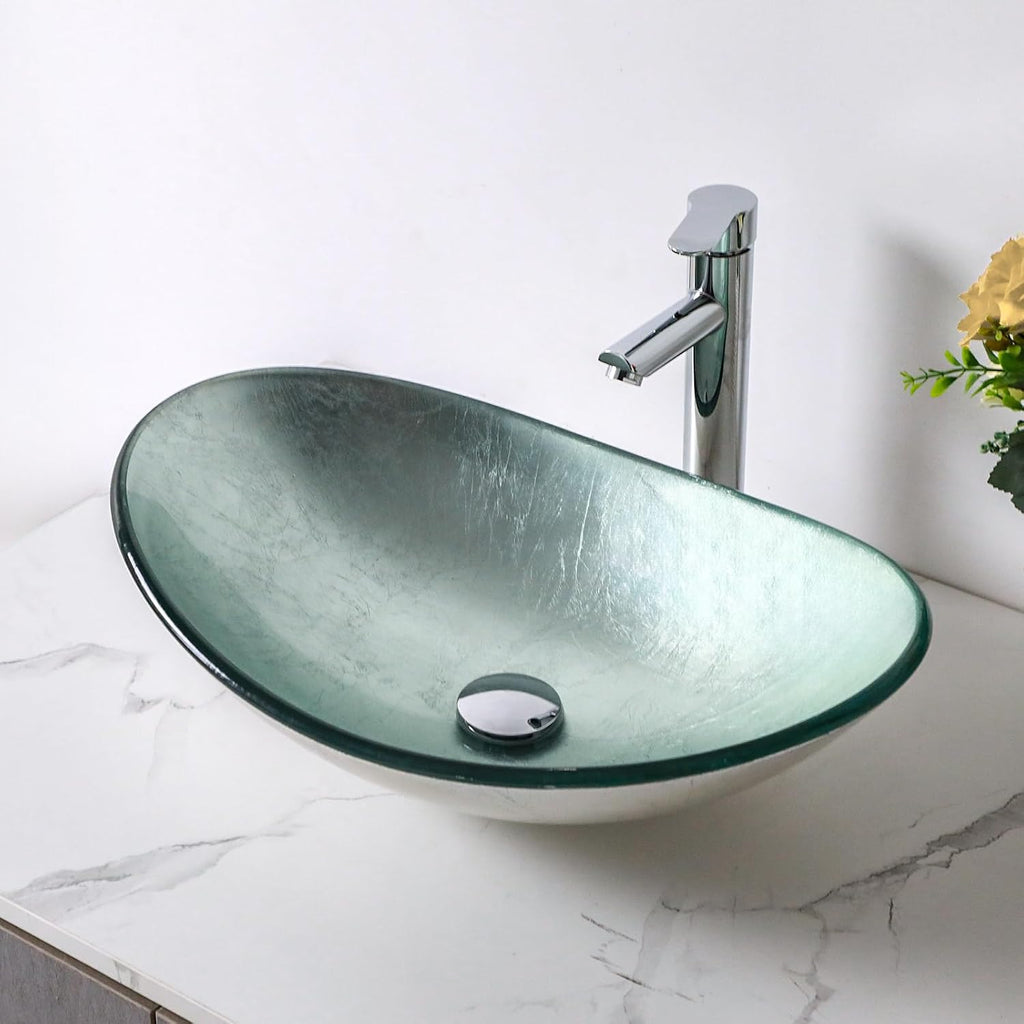 Sarlai Bathroom Vessel Sink Modern Artistic Tempered Glass Basin Countertop Bowl Sink for Lavatory Vanity Cabinet