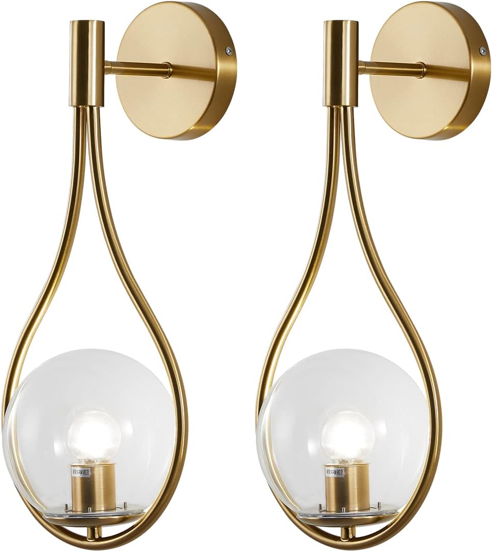 BOKT Gold Globe Glass Wall Sconce 2 Pack Mid-Century Modern Vanity Lights Industrial Clear Glass Bathroom Vanity Light Indoor Wall Lamp for Living Room Hallway Bedroom…