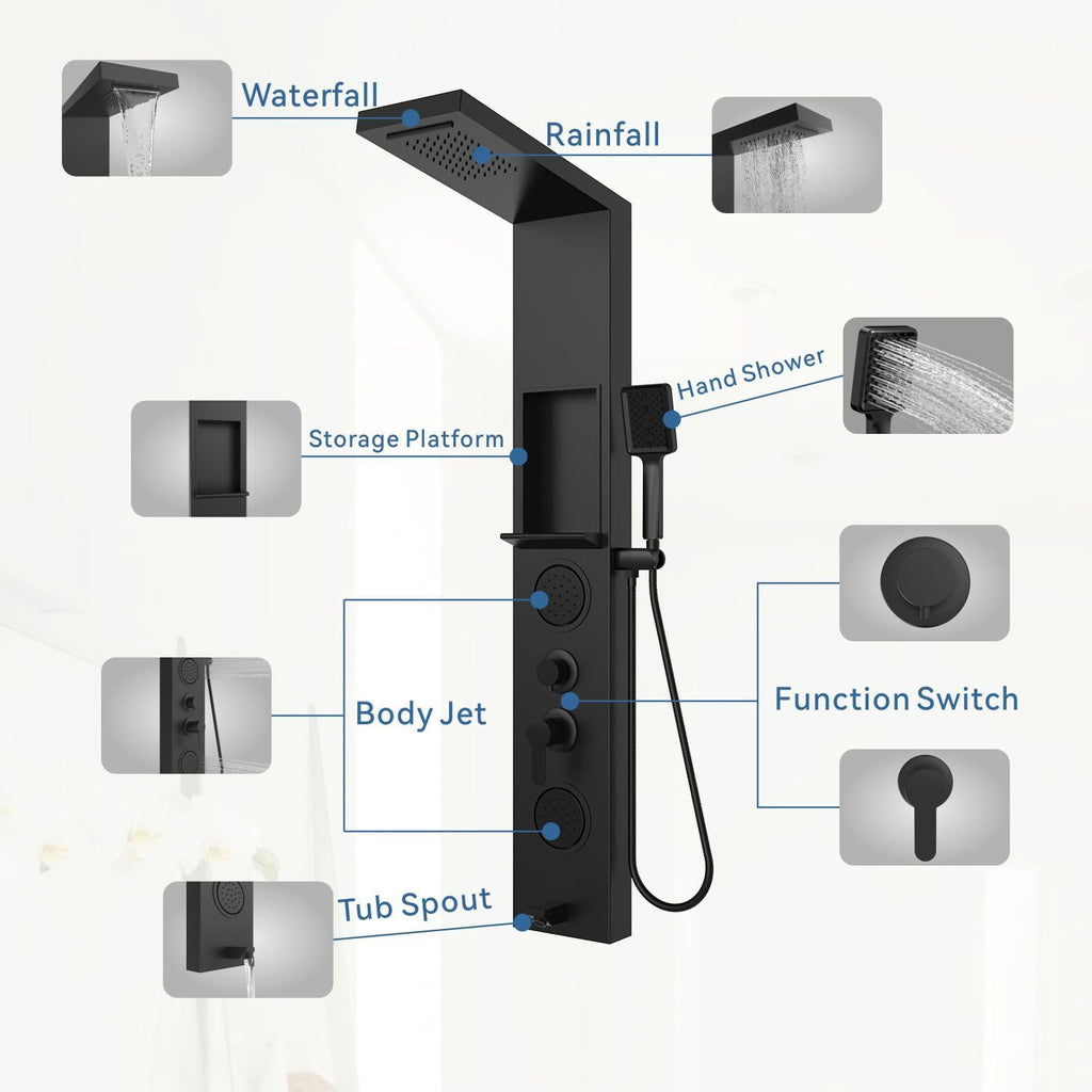 ELLO&ALLO Shower Panel System Tower with Shelf, Rainfall and Waterfall Head Rain Massage Stainless Steel Bathroom Fixtures with Adjustable Body Jets, Black