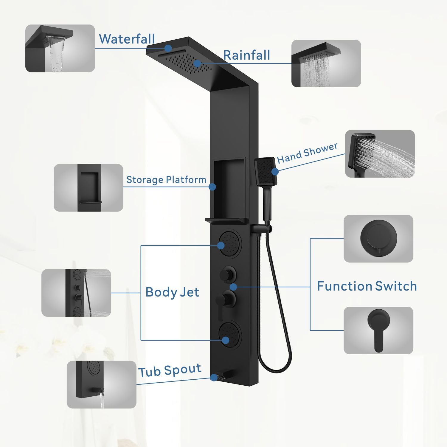 ELLO&ALLO Shower Panel System Tower with Shelf, Rainfall and Waterfall Head Rain Massage Stainless Steel Bathroom Fixtures with Adjustable Body Jets, Black