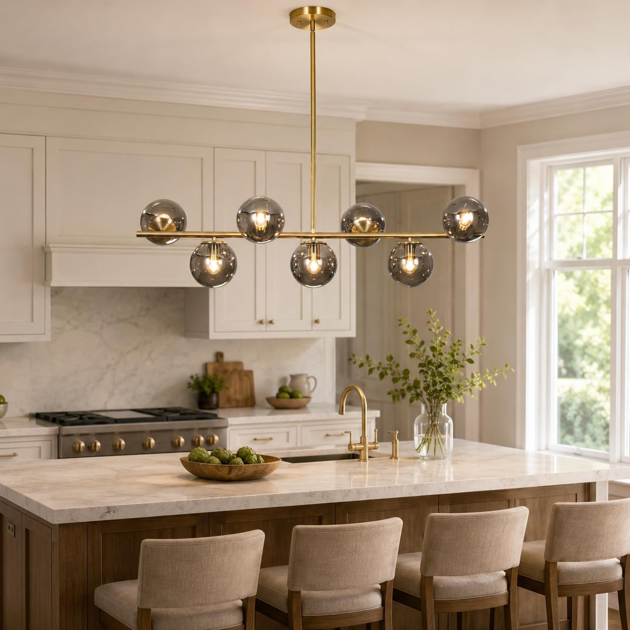 KCO Mid Century Modern 7 Light Brass Gold Linear Sputnik Chandelier | 31.5' Rod for Sloped Ceiling 7W 3000K E26 Bulb Included, Smoke Gray Glass Globe Pendant Light Fixture for Kitchen Dining Room