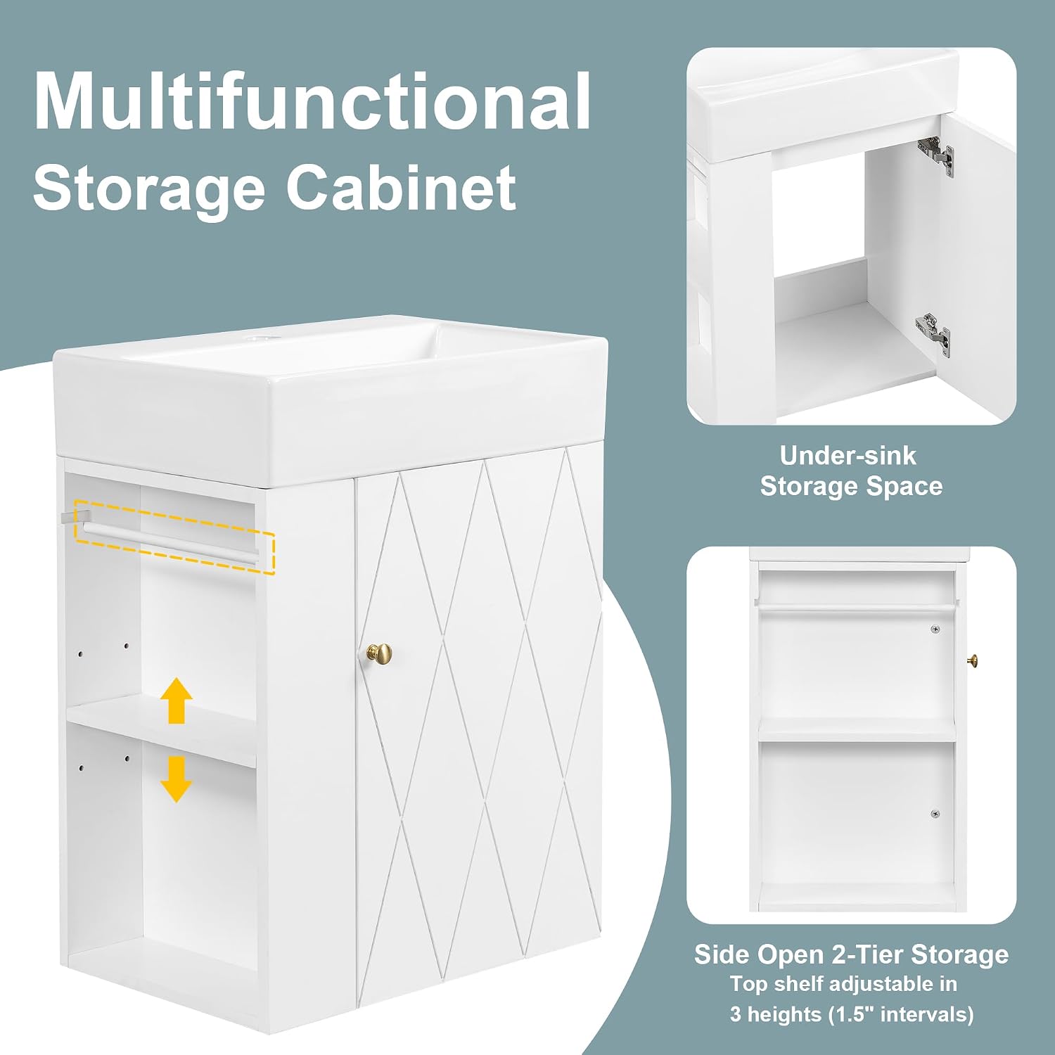 20-inch Bathroom Vanity with Sink Combo, Wall-Mounted Single Storage Cabinet with One Cabinet & Left 2-Tier Storage Shelves, Wooden Vanity with Ceramic Basin for Bathroom, White