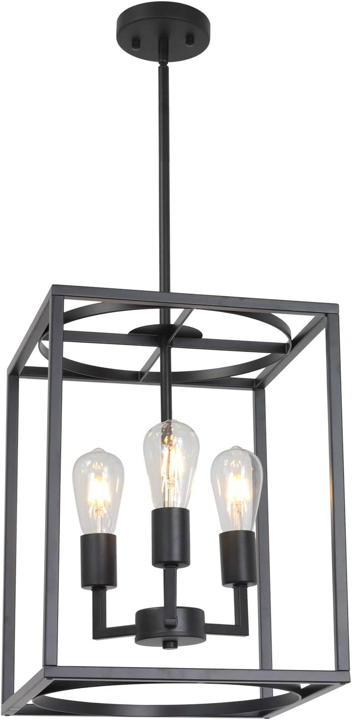 BONLICHT Rustic Hall Foyer Cage Chandelier 3-Light Vintage Industrial Farmhouse Lantern Square Pendant Hanging Lighting Black Kitchen Island Ceiling Light Fixture for Dining Room Hallway Bar