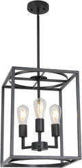 BONLICHT Rustic Hall Foyer Cage Chandelier 3-Light Vintage Industrial Farmhouse Lantern Square Pendant Hanging Lighting Black Kitchen Island Ceiling Light Fixture for Dining Room Hallway Bar