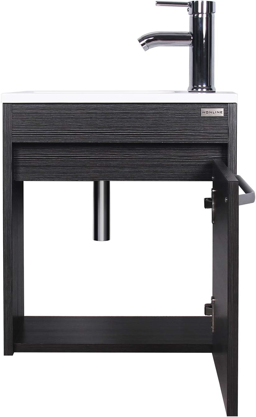 wonline 16' Bathroom Vanity Sink Combo for Small Space Black Wall Mounted Cabinet Set Design White Resin Basin Sink Top Chrome Faucet