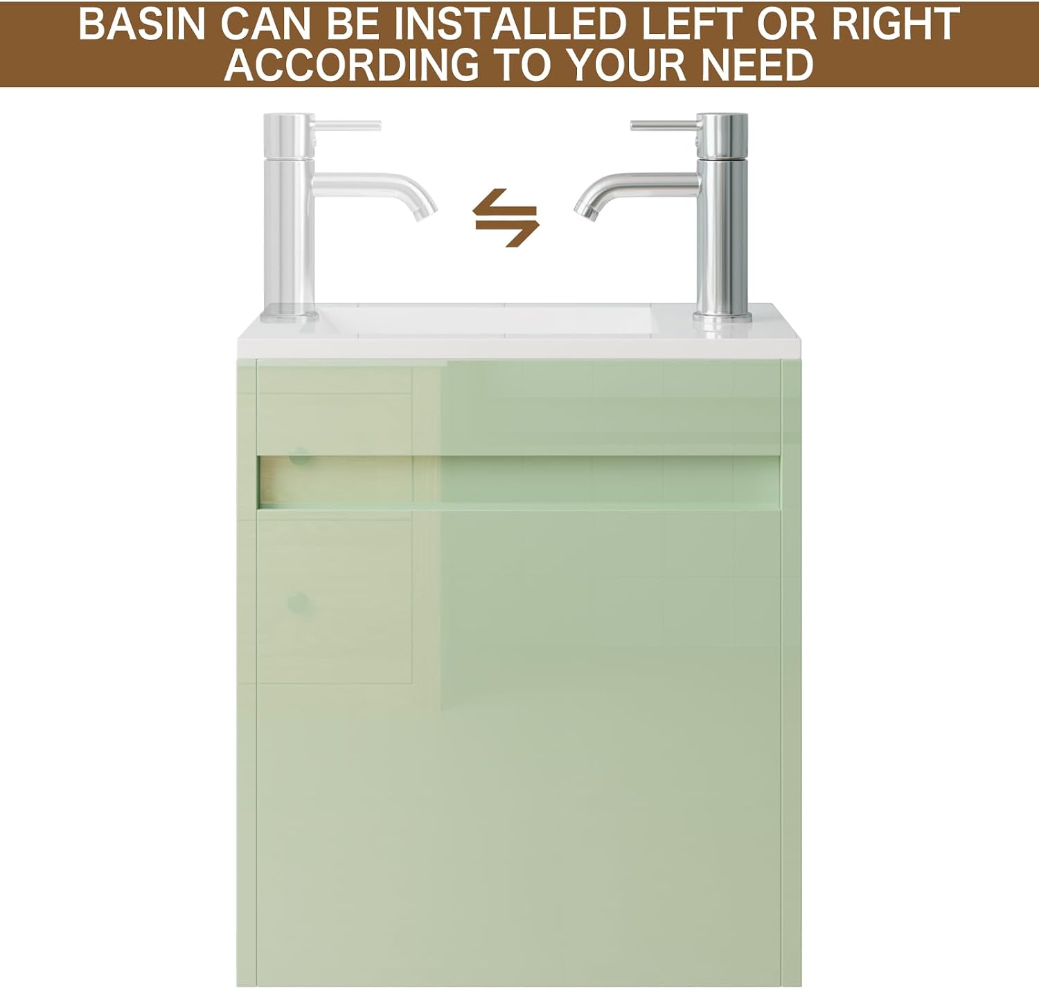 wonline 16' Floating Bathroom Vanity with Sink, Wall Mounted Resin Basin Cabinet Combo for Small Bathrooms, High Gloss Green, Includes Chrome Faucet & Pop Up Drain