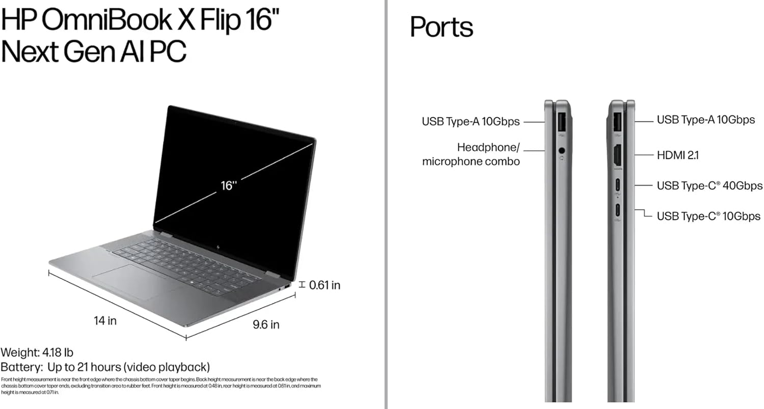 HP 2025 Envy x360 2-in-1 Slim Laptop, OmniBook X Flip 16' FHD+ Touchscreen, Copilot+ PC, AMD Ryzen AI 7 350 (8-Core), 24GB RAM, 1TB SSD, 21H Battery, Win 11 Home, Meteor Silver, W/Stylus