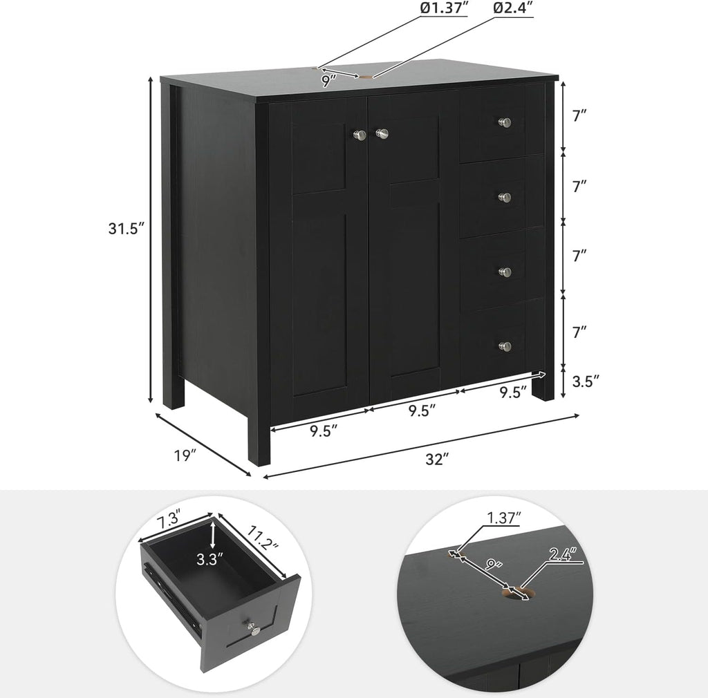 32 Inch Bathroom Vanity with Sink, Traditional Freestanding Black Bathroom Vanity Cabinet with Four Drawers, Pedestal Cabinet with Square Black Ceramic Sink