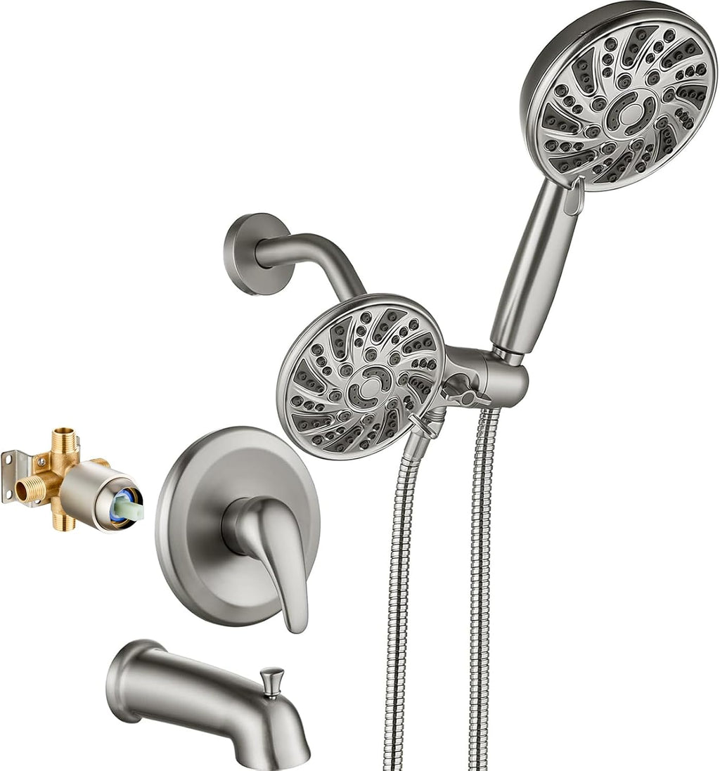 gotonovo Tub Shower Faucet Set Bathroom Shower Head Kit High Pressure Bathtub Shower Faucet 6 Modes ABS Handheld Spray Valve and Shower Trim Kit Shower Head and Handle Set Brushed Nickel