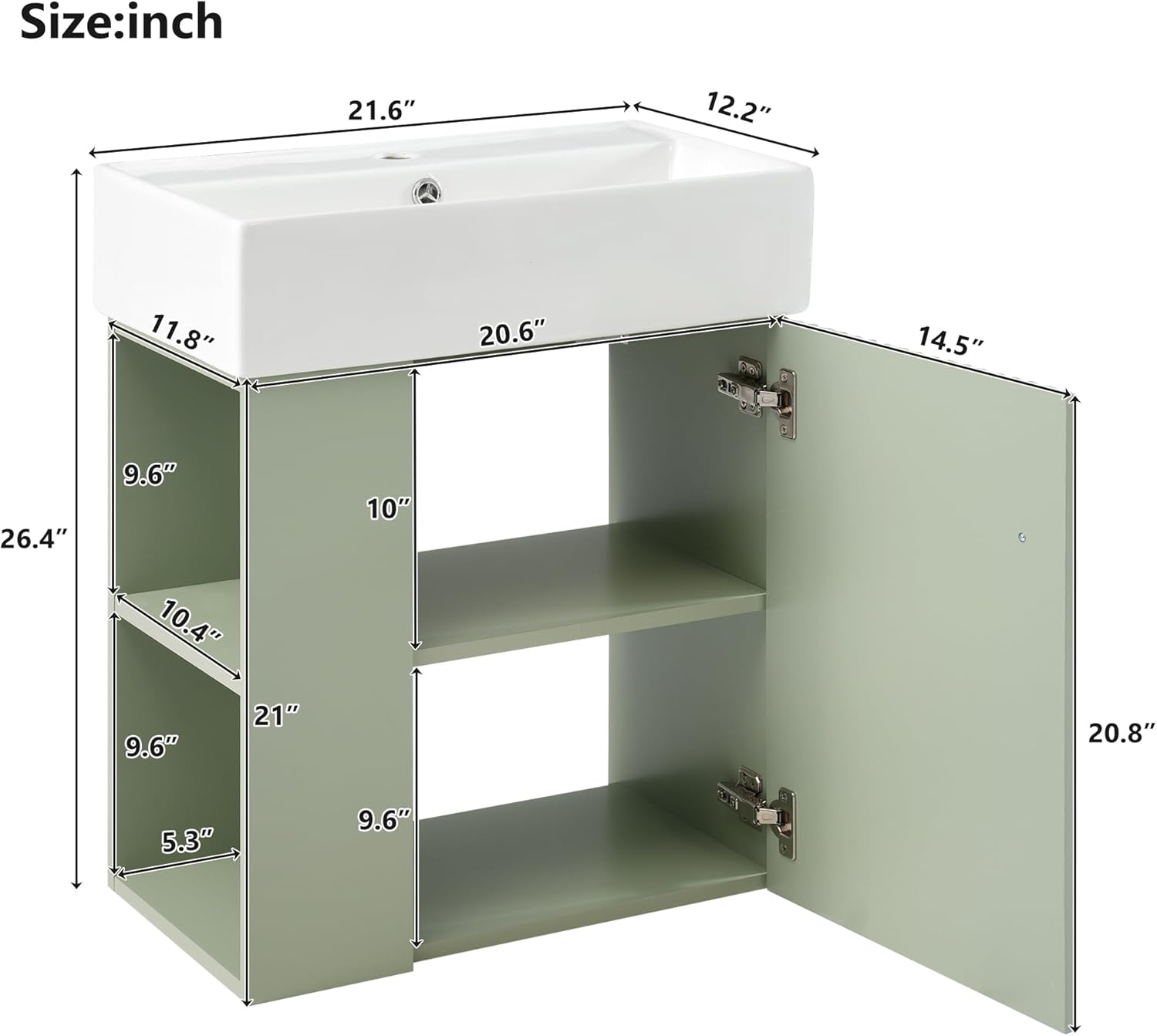 21.6-inch Bathroom Vanity with Sink, Wall-Mounted Vanity Cabinet with Storage Cabinet & Left Two-Tier Shelf, Solid Wood Bath Organizer with Ceramic Sink for Bathroom, Green