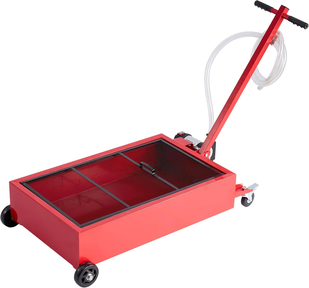 VEVOR Low Profile Oil Drain Pan, 17 Gal Capacity, Rolling Oil Drain Pan with 110V High-Flow Electric Pump, 7.2 ft Hose & T Folding Handle, Leak-Proof & Corrosion-Resistant, Fit for Trucks, ATVs, Red