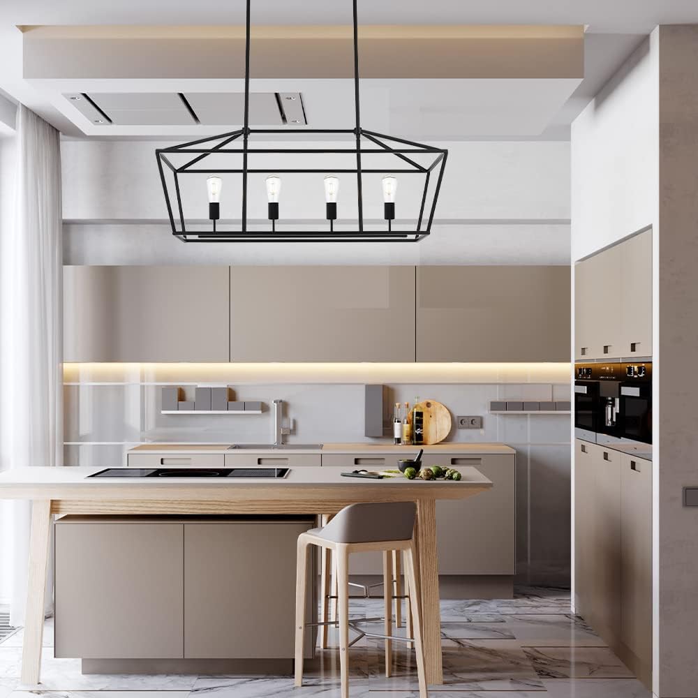 BONLICHT Kitchen Island Lighting 4 Lights in Matte Black Finish Farmhouse Chandelier Industrial Pendant Hanging Light Fixture for Dining Room Living Room Foyer