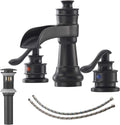 Matte Black Bathroom Faucet 3 Hole or 8 Inch Widespread Tap, 2 Handle Brass Waterfall Faucet for Bathroom Sink 3 Hole Mounted with Pop-up Drain and Supply Line