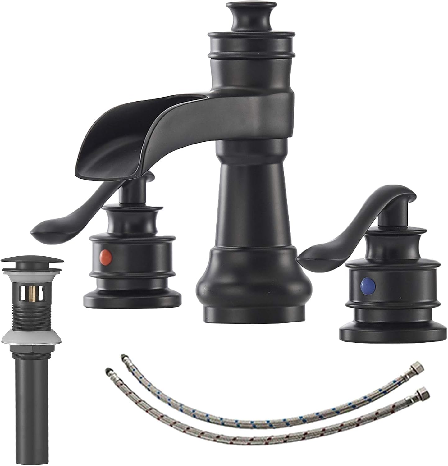 Matte Black Bathroom Faucet 3 Hole or 8 Inch Widespread Tap, 2 Handle Brass Waterfall Faucet for Bathroom Sink 3 Hole Mounted with Pop-up Drain and Supply Line