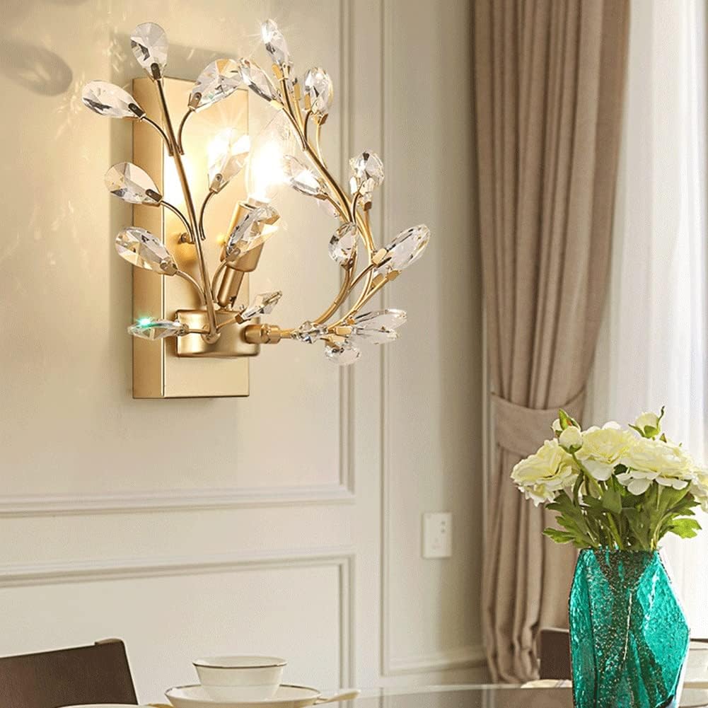 Wall Sconces LED Crystal Aisle Wall Lamp American Style Wrought Iron Candle Wall Sconce Wall Mounted Lighting Fixture for Bathroom Bedroom Living Room Aisle Decor Modern Wall Light Fixture(Gold)