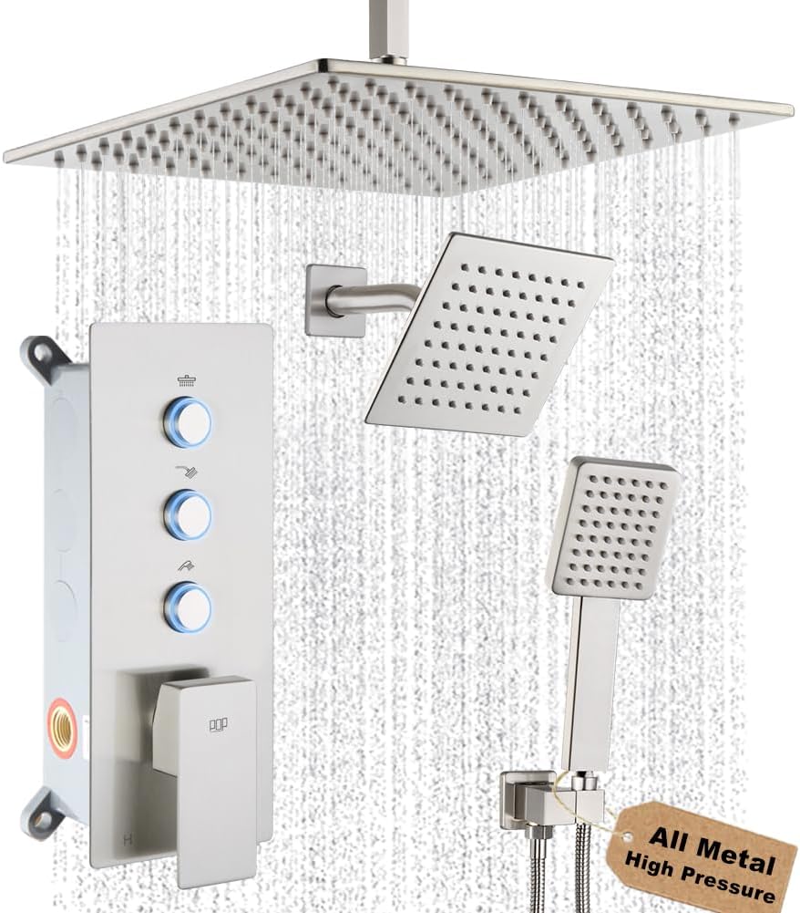 Shower Faucet Set Brushed Nickel Bathroom Rainfall Shower System, 12 Inch Ceiling Mount Shower Head with 6 Inch Wall Mount Shower Head, Include Shower Valve and Trim Kit