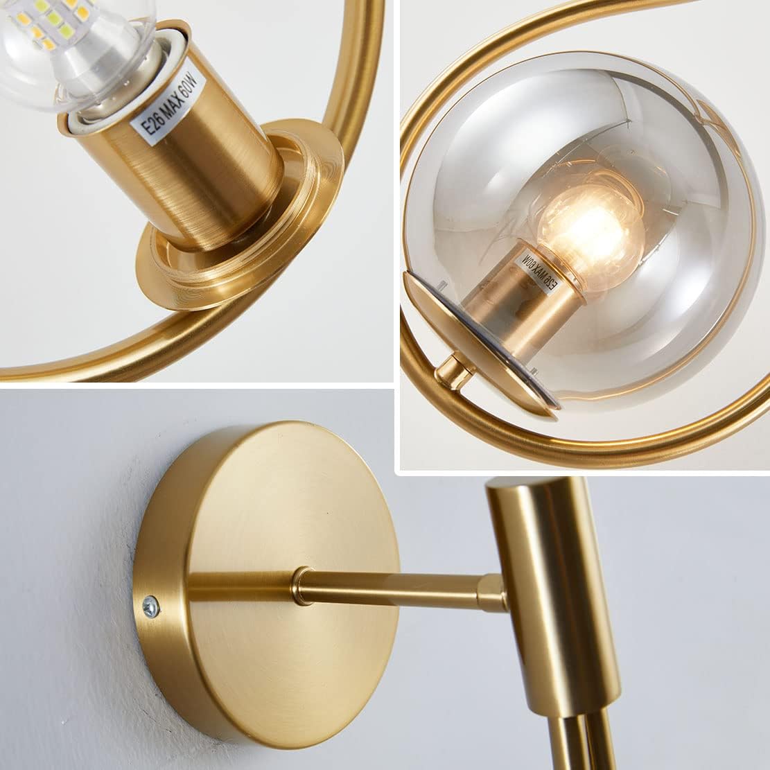 BOKT Modern Golden Metal Wall Sconce Mid Century Simple Wall Lights Farmhouse Wall Lighting Fixture Gold Round Ball Smokey Grey Globes Ceiling Bedside Reading Light for Study Laundry Living Room…