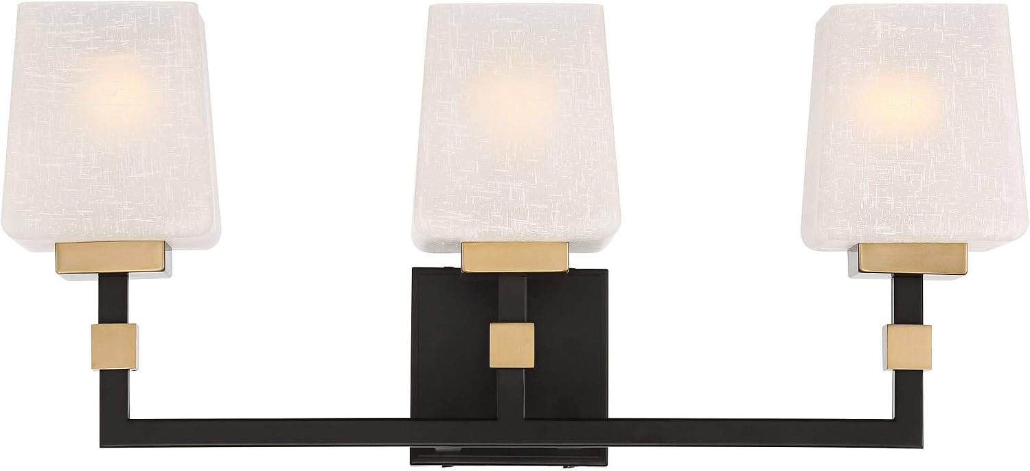 Possini Euro Design Beauregard Modern Industrial Wall Light Black Gold Metal Hardwired 21 3/4' Wide 3-Light Fixture Mounted Square Linen Glass Shade for Bathroom Vanity Mirror House Home Room Decor