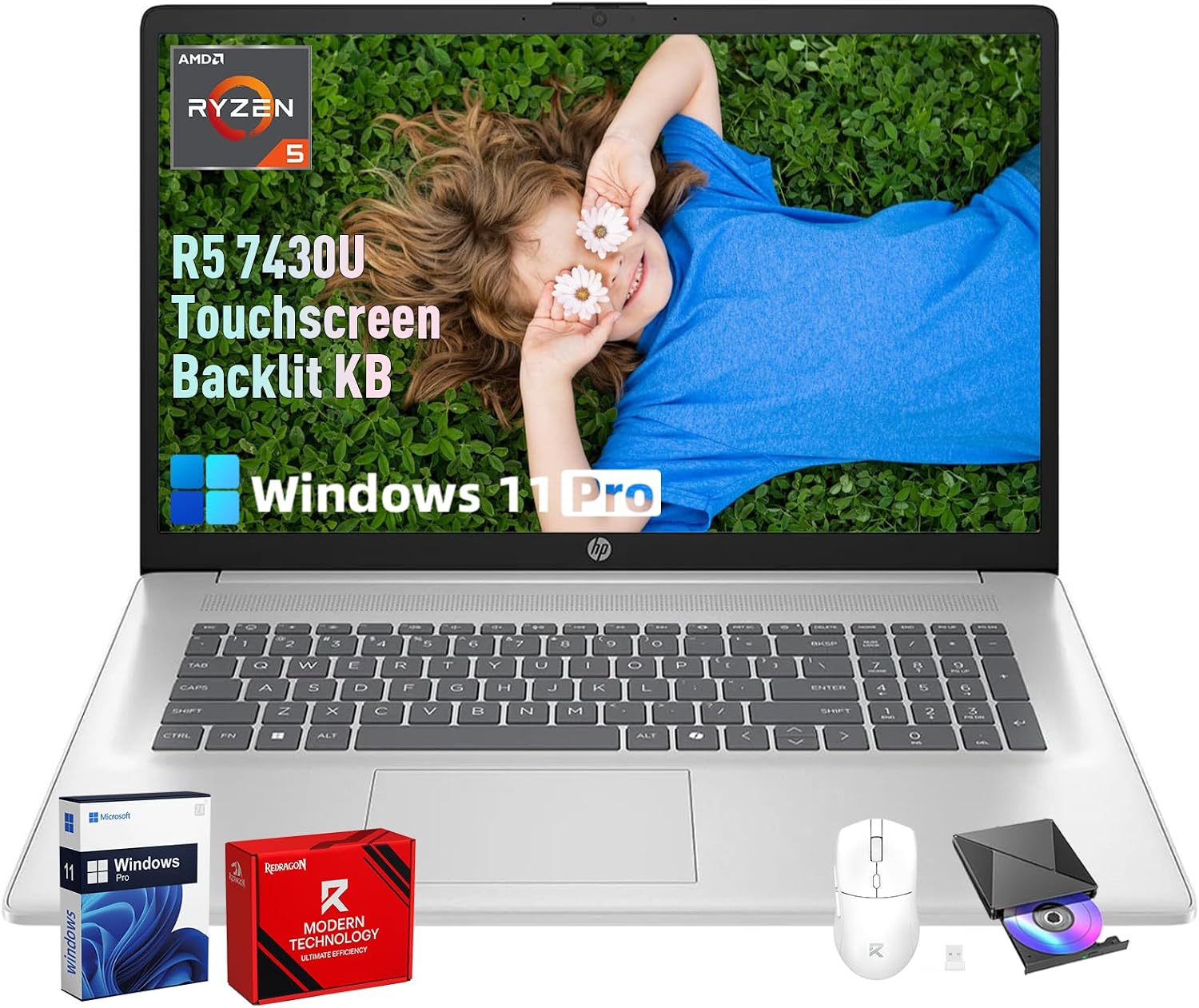 HP 17.3 Touchscreen Laptop Computer, 17.3' 250 nits Anti-Glare Display, Ryzen 5 7430U(UP to 4.3GHz), Backlit Keyboard, 16GB RAM+512GB SSD, Windows 11 Pro, Fast Charge, AI Copilot Key