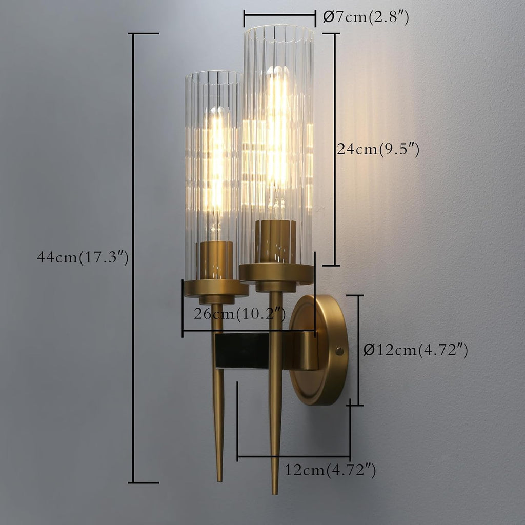 PERMO wall sconces 2 Lights Glod Wall Light Fixtures with 2.8' Cylindrical Clear Glass Shade Brass Double sconces for Living Room Bathroom Corridor Mirror Bedroom