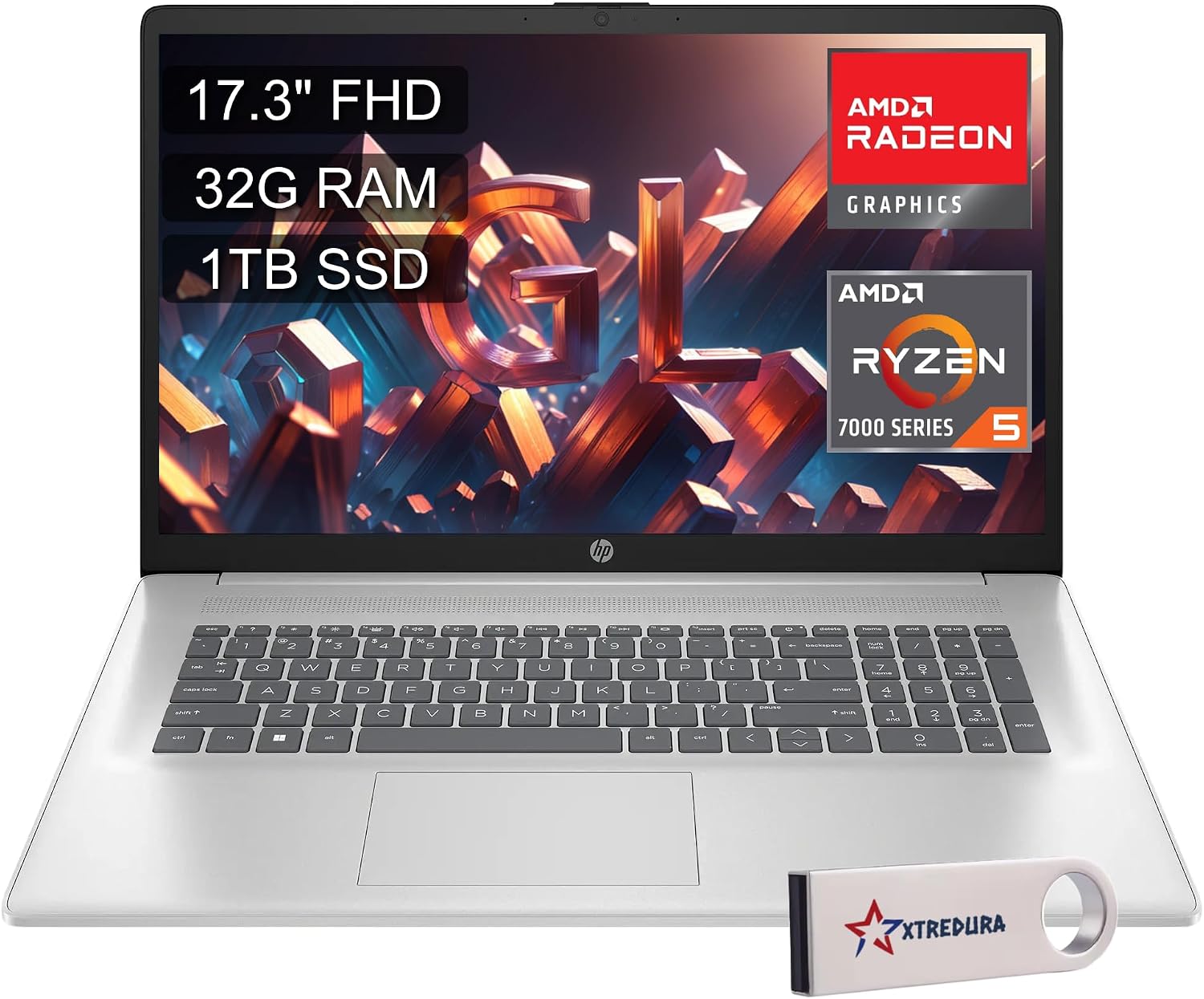 HP 2025 Business 17 inch FHD Laptop, AMD Ryzen 5 7430U Processor (Beats i5-1235U), 32GB RAM, 1TB PCIe SSD, 17.3' 1080p IPS Display, Webcam, WiFi 6, Bluetooth 5.3, Windows 11, XtreDura USB Drive