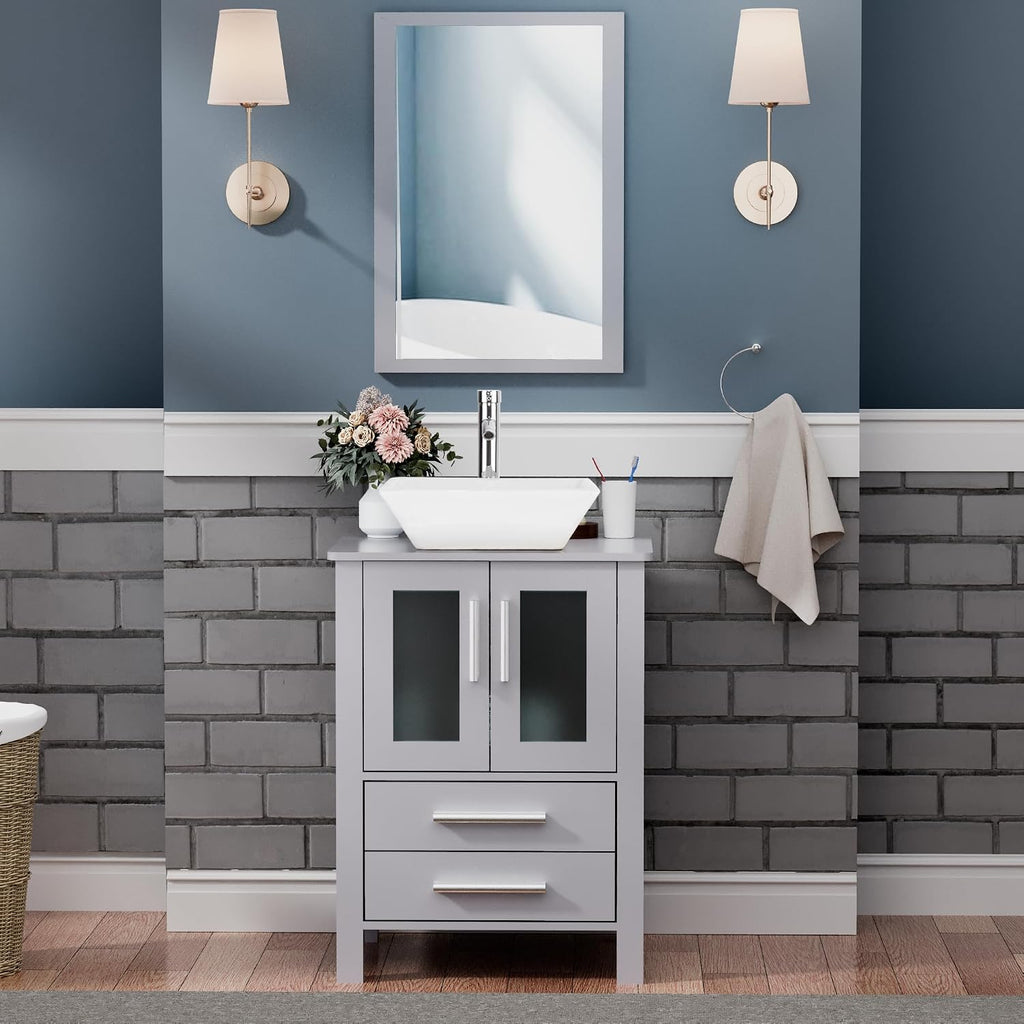 UEV 24' Grey Bathroom Vanity with Ceramic Vessel Sink, ORB Faucet, MDF Vanity with Pop Up Drain and 30% Water-Saving Design, Soft Closing Drawers/Doors,Mirror Not Included (A07)