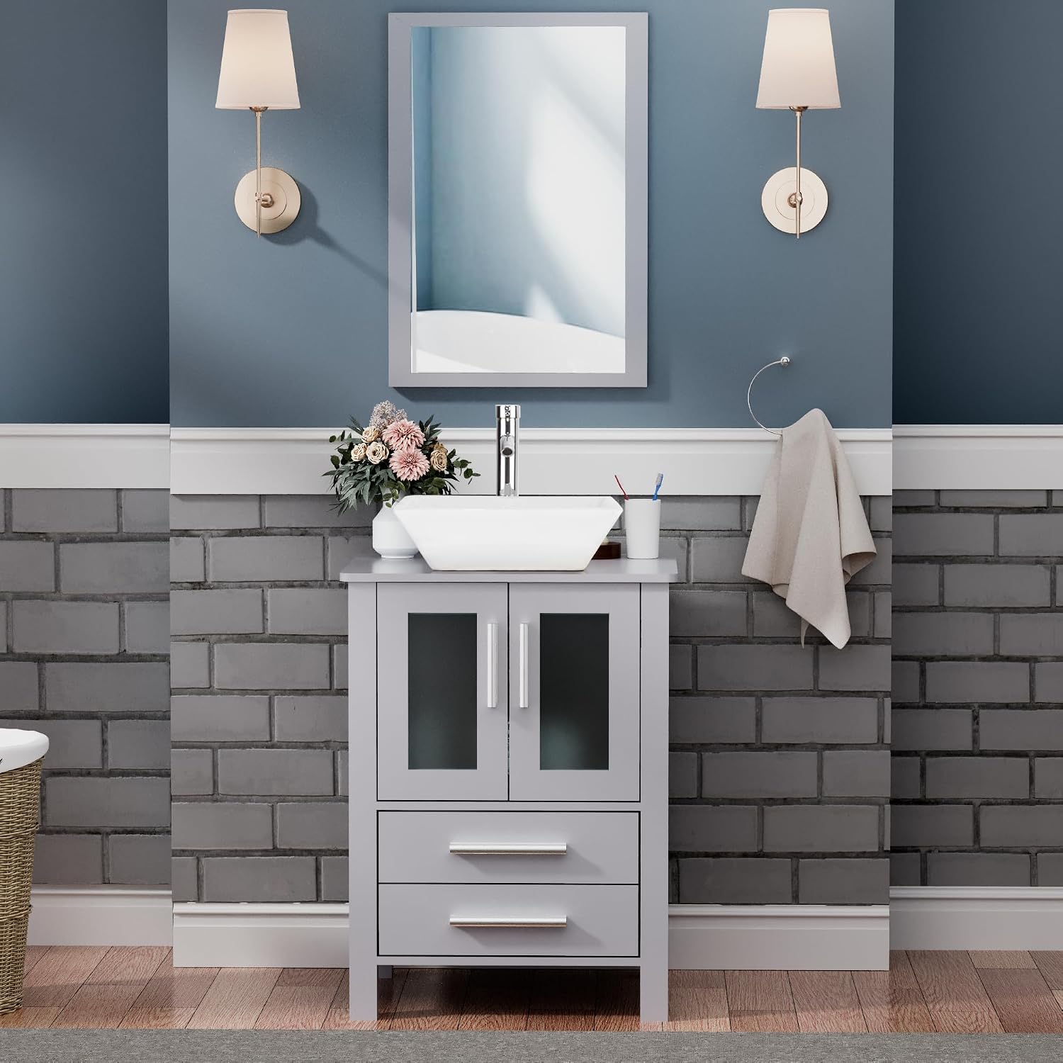 UEV 24' Grey Bathroom Vanity with Ceramic Vessel Sink, ORB Faucet, MDF Vanity with Pop Up Drain and 30% Water-Saving Design, Soft Closing Drawers/Doors,Mirror Not Included (A07)
