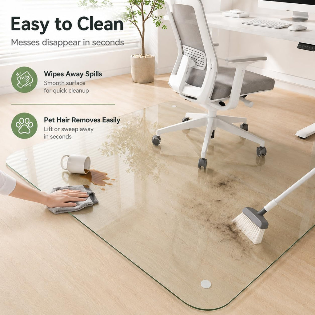 40 x 48 Inch Glass Chair Mat, 1/5 Inch Thick Tempered Glass Office Chair Mat for Carpet and Hardwood Floors, Heavy Duty Clear Computer Desk Floor Protector with 4 Anti-Slip Pads
