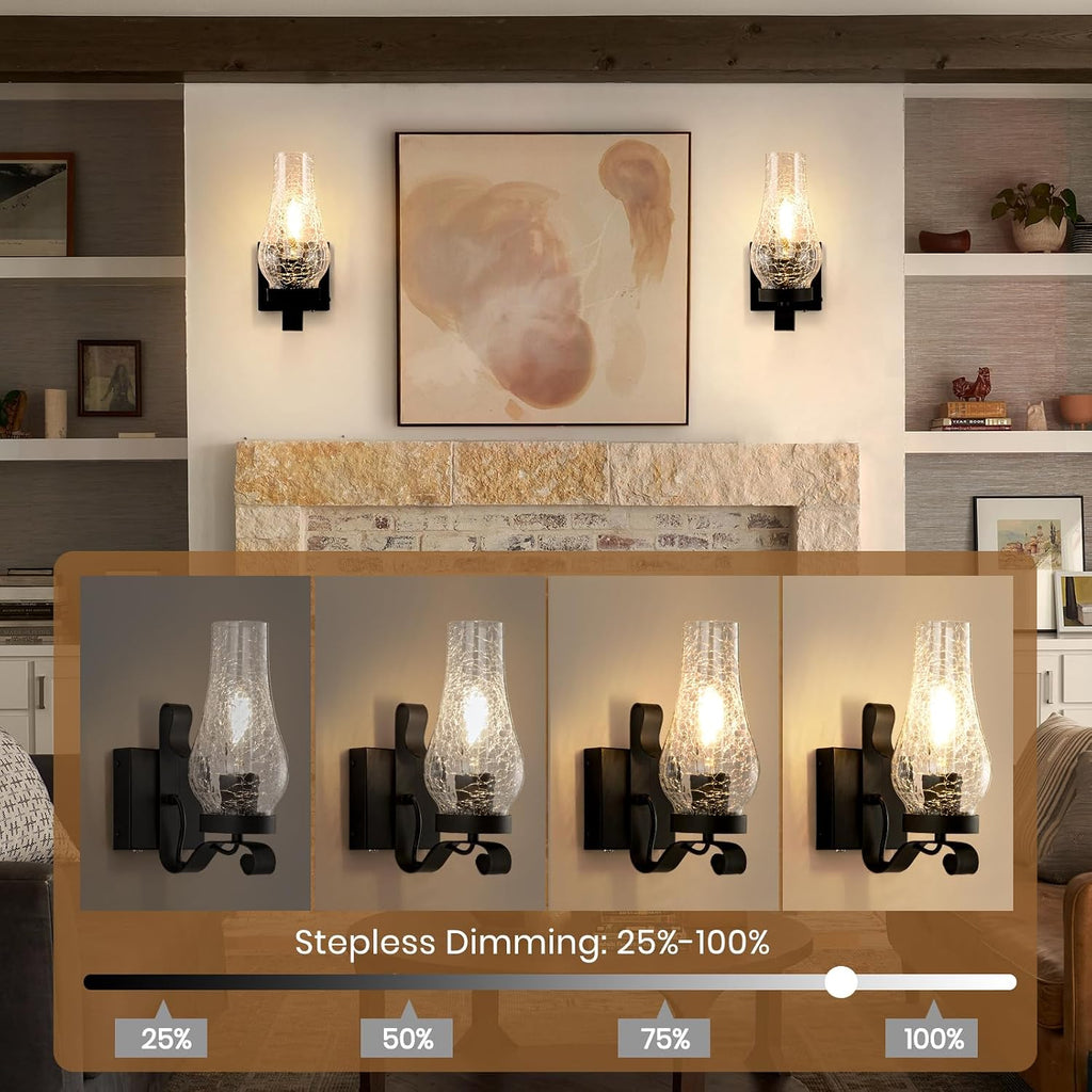 Battery Operated Wall Sconces, Ice Crackle Glass Lampshade Rustic Wall Lights, Non-Hardwired Antique Kerosene Wall Lamps, Vintage Bedside Black Wall Sconces Sets of 2 for Bedroom, Hallway etc