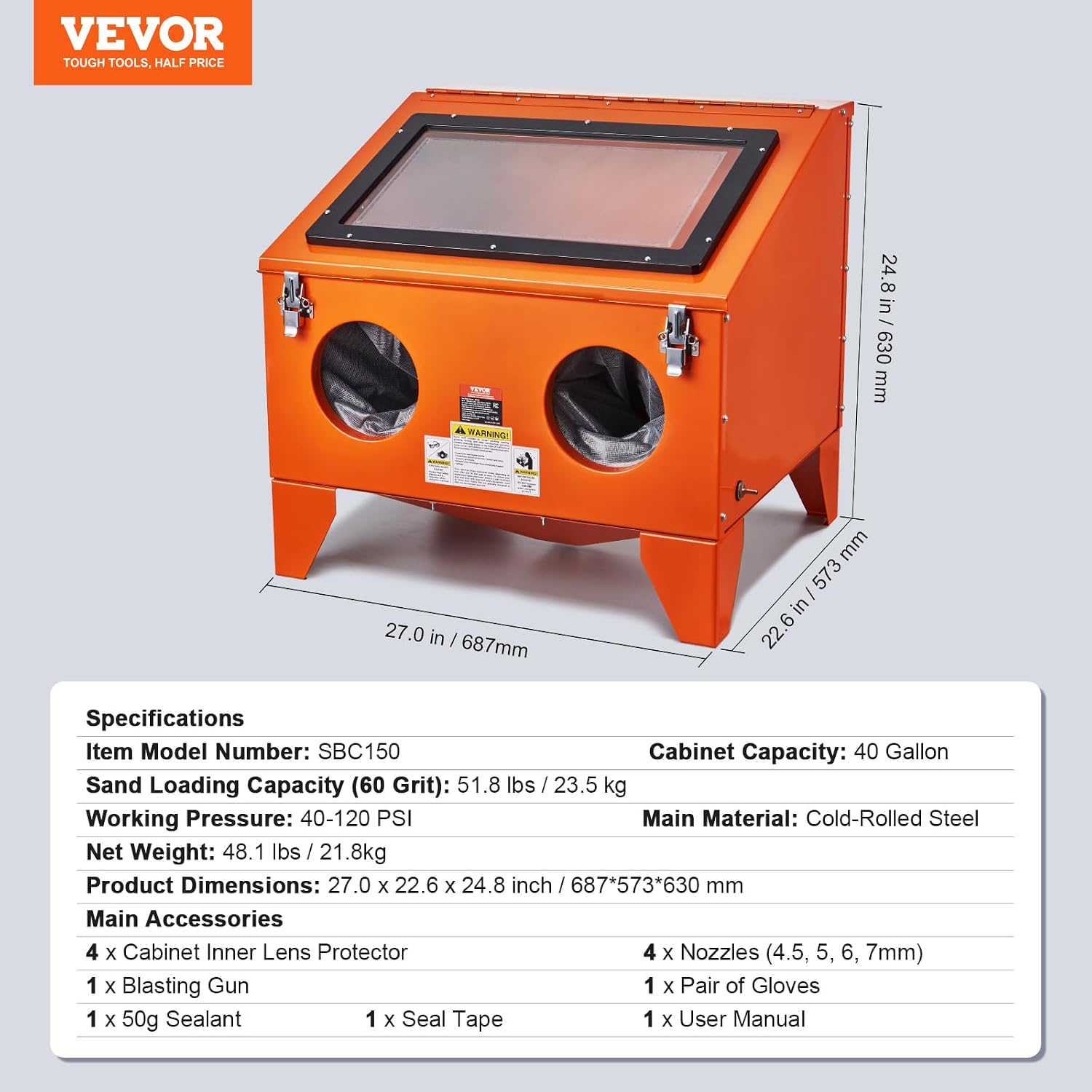 VEVOR 40 Gallon Sandblasting Cabinet, 40-120PSI Portable Benchtop Sand Blasting Cabinet, Heavy Duty Steel Sand Blaster with Blasting Gun & 4 Ceramic Nozzles for Paint, Stain, Rust Removal