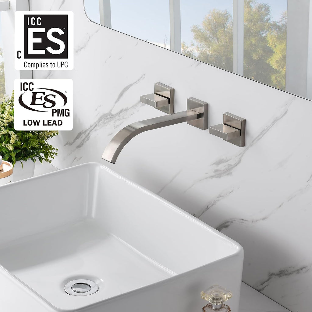 sumerain Brushed Nickel Bathroom Faucet Wall Mount Lavatory Faucet with Rough in Valve