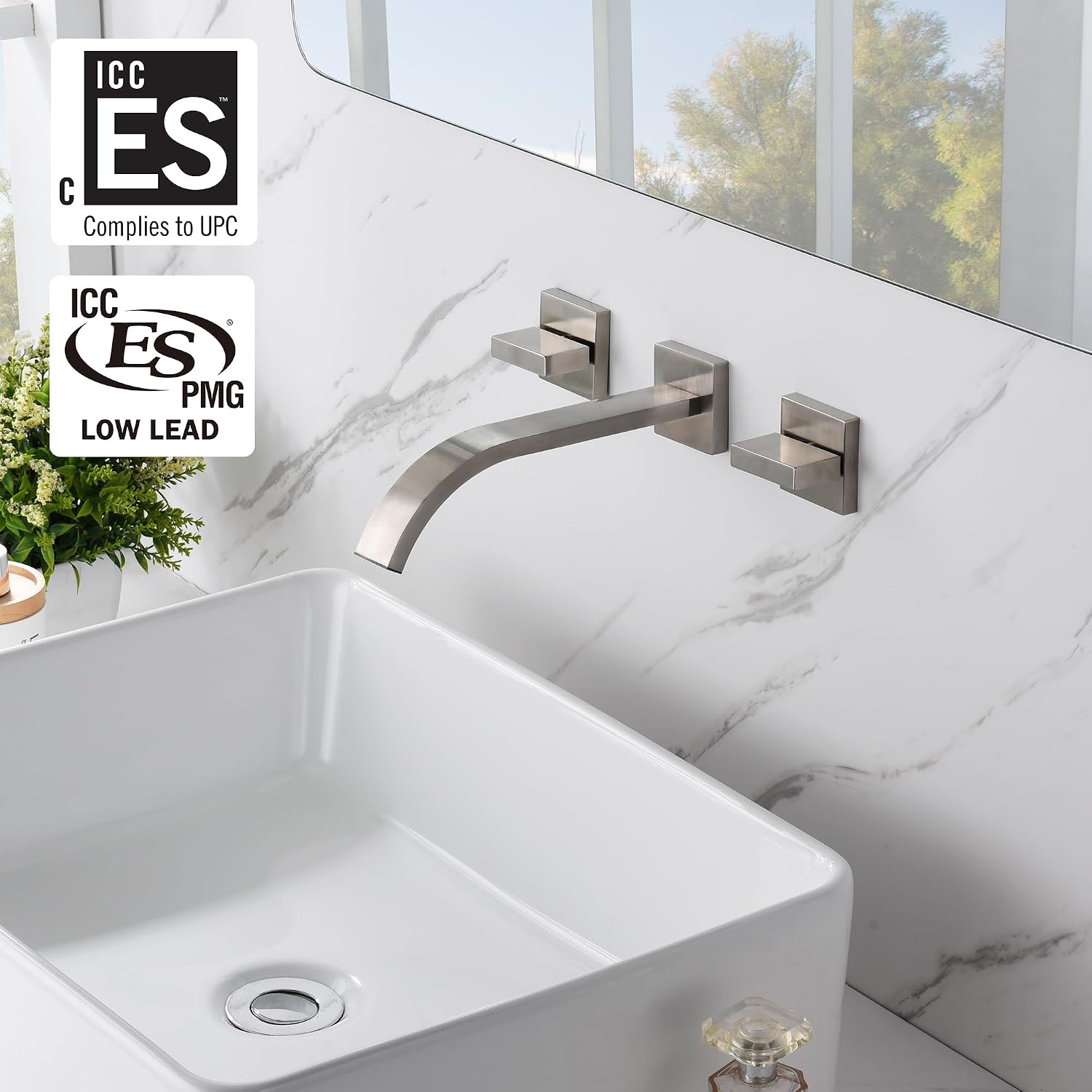 sumerain Brushed Nickel Bathroom Faucet Wall Mount Lavatory Faucet with Rough in Valve