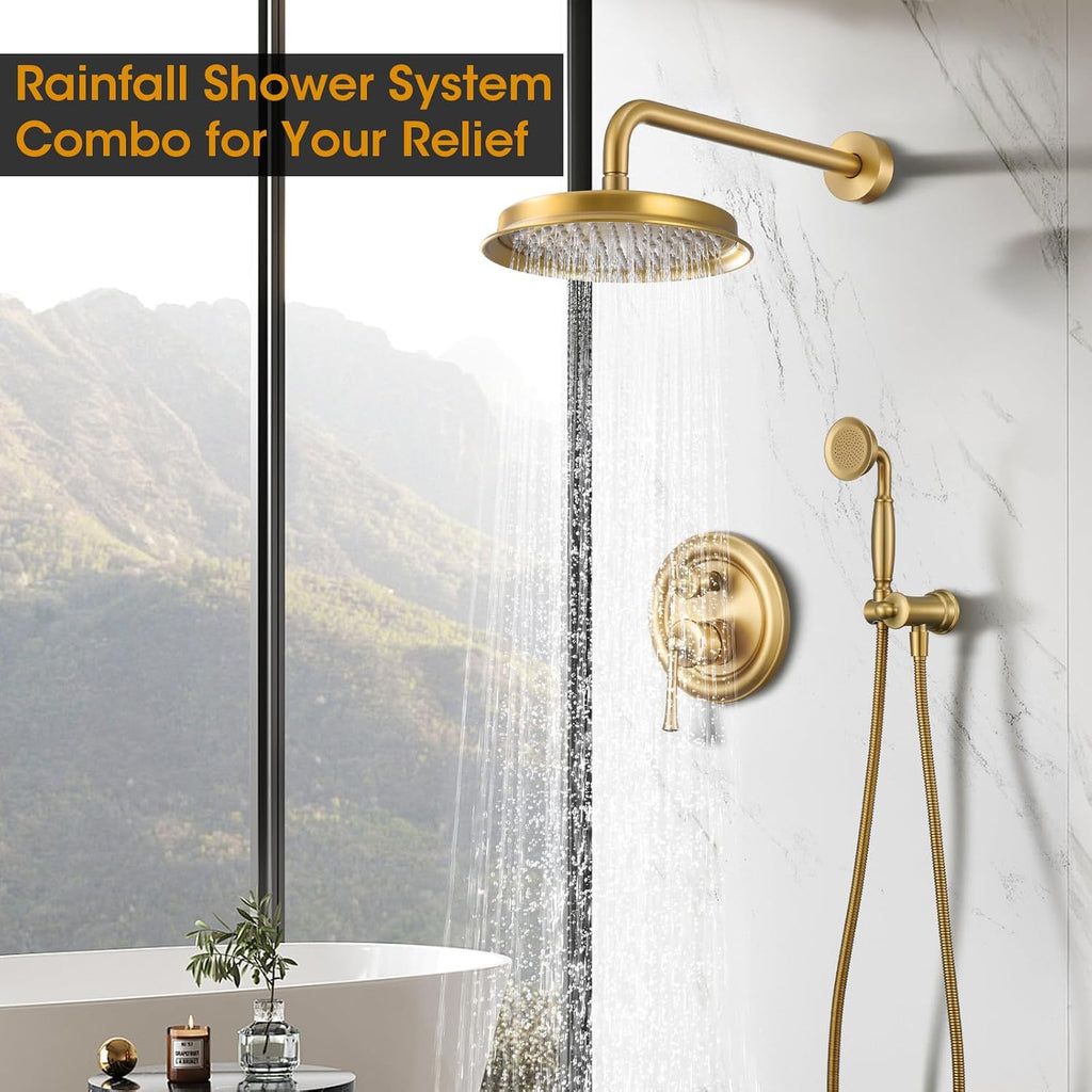 Rainfall Shower Head with Handheld Combo, Brushed Gold Shower System with Balance Pressure Valve, 9 inch Shower Head and Faucet Set, Rain Shower Head with Handheld Spray Wall Mount(B2312-BG)
