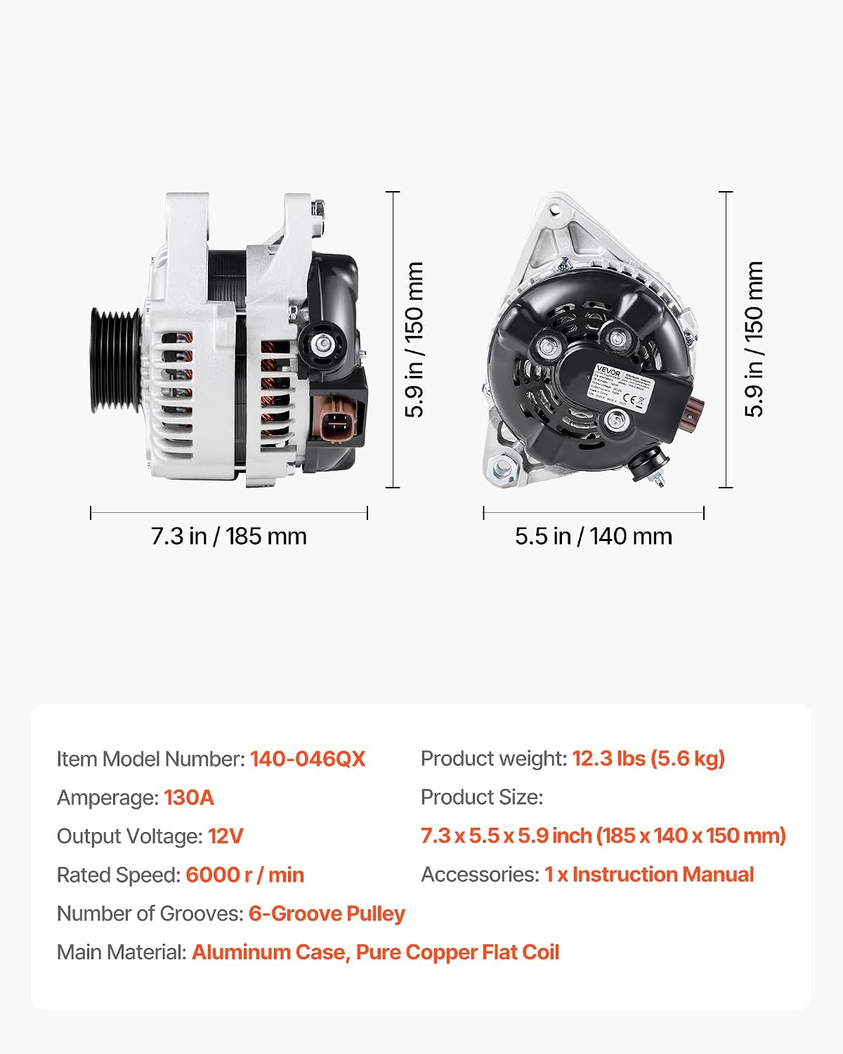 VEVOR Car Alternator 11032, Fit for Toyota Highlander V6 3.3L 2004-2007, Sienna 2004-2006, Lexus RX330 3.3L 2004-2006, Automotive Replacement Alternator 27060-0A100, 27060-0A130, AL3315X, 400-52140R