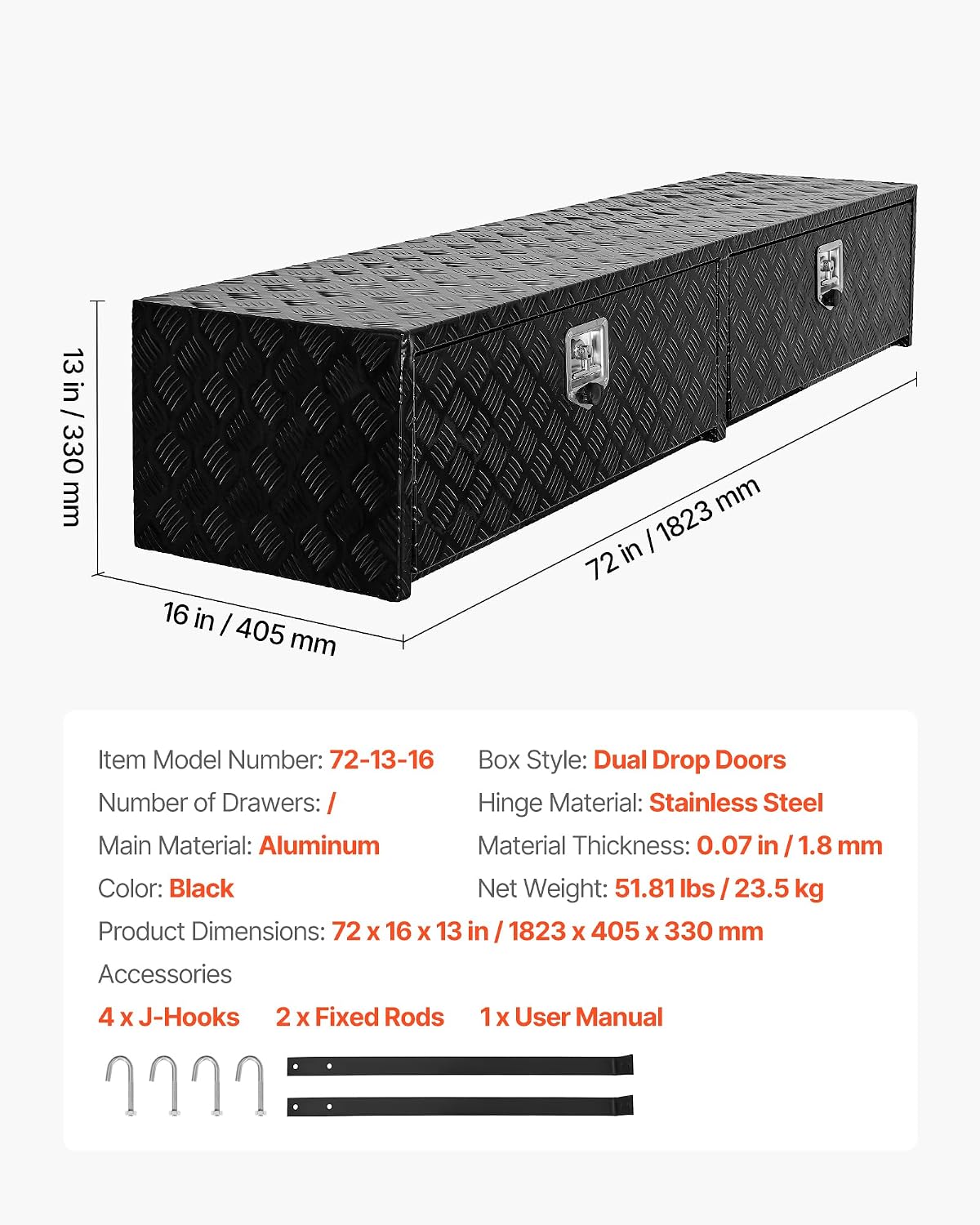 VEVOR Truck Tool Box, 72 x 13 x 16 Inch, Black Aluminum Tread Topsider Toolbox with Dual Drop Doors, Heavy Duty Lockable Storage and Organization Box with Latch, Corrosion-Resistant, for Truck Bed